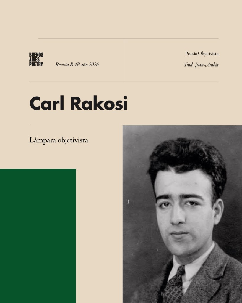 Portada de la revista Buenos Aires Poetry 2026, con el nombre Carl Rakosi y el título 'Lámpara objetivista'.